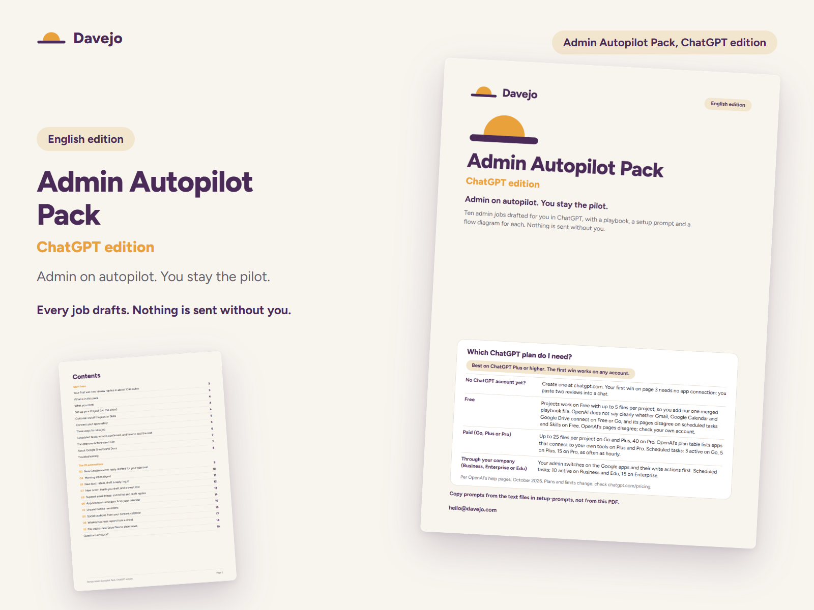 Cover of the Admin Autopilot Pack PDF, ChatGPT edition, English, with the Which ChatGPT plan do I need box and the contents page listing the start-here section and the 10 jobs.