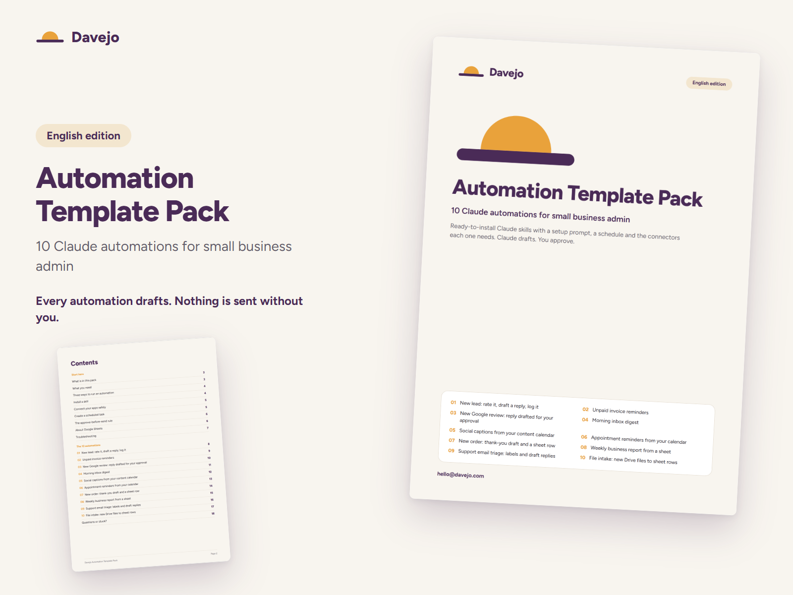 Cover of the Automation Template Pack PDF, English edition, with its contents page listing the start-here section and the 10 automations.
