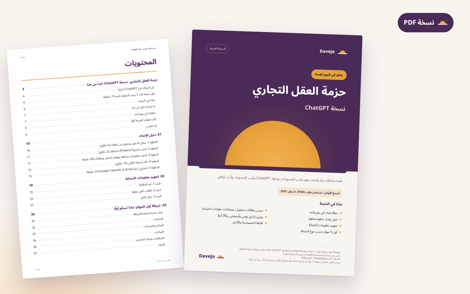 غلاف ملف PDF لحزمة العقل التجاري، نسخة ChatGPT، النسخة العربية، وخلفه صفحة المحتويات.