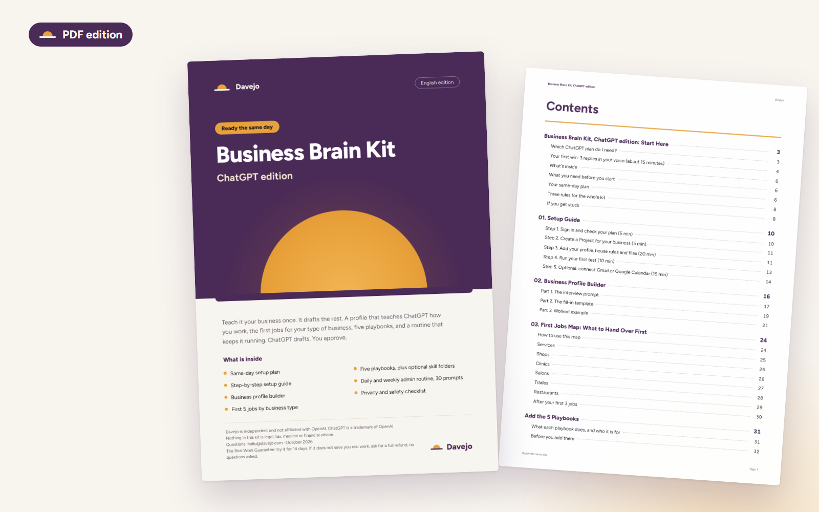 Cover of the Business Brain Kit, ChatGPT edition PDF, English edition, with its contents page behind it.
