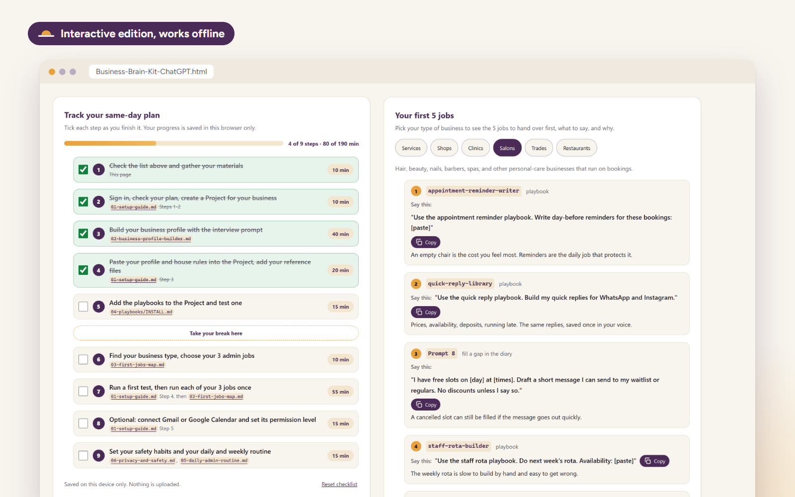 The interactive edition in a browser: the same-day plan checklist with four steps ticked, and the business-type switcher showing the first 5 jobs for salons.