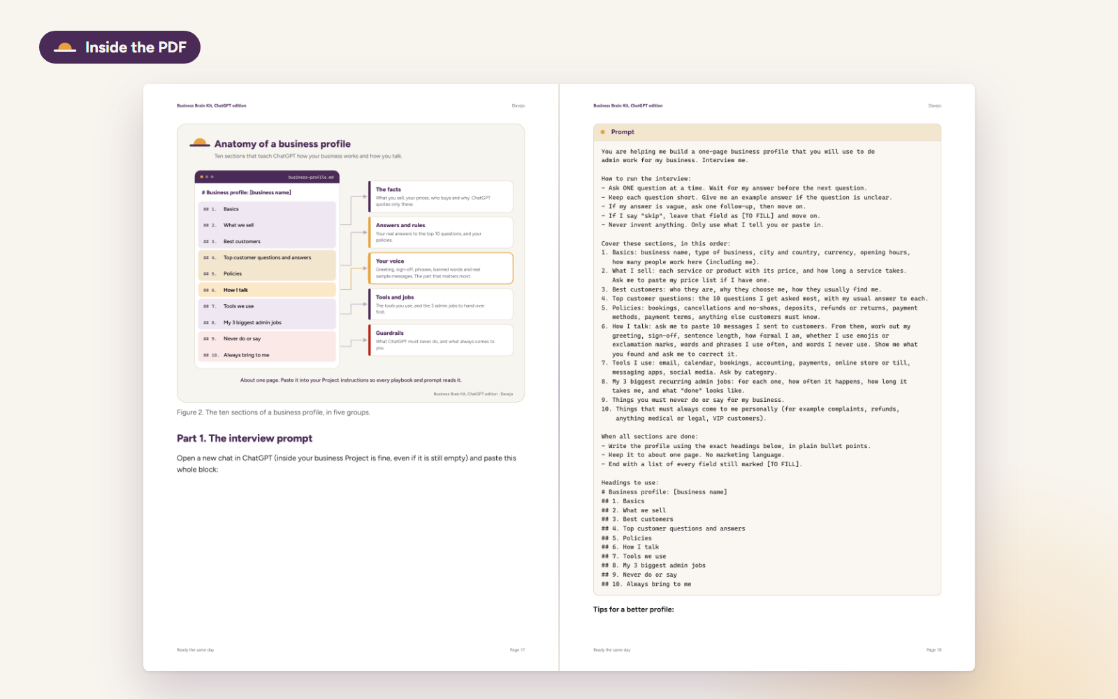 Two pages from the PDF: a diagram of the ten sections of a business profile, and the interview prompt in a copy-ready box.