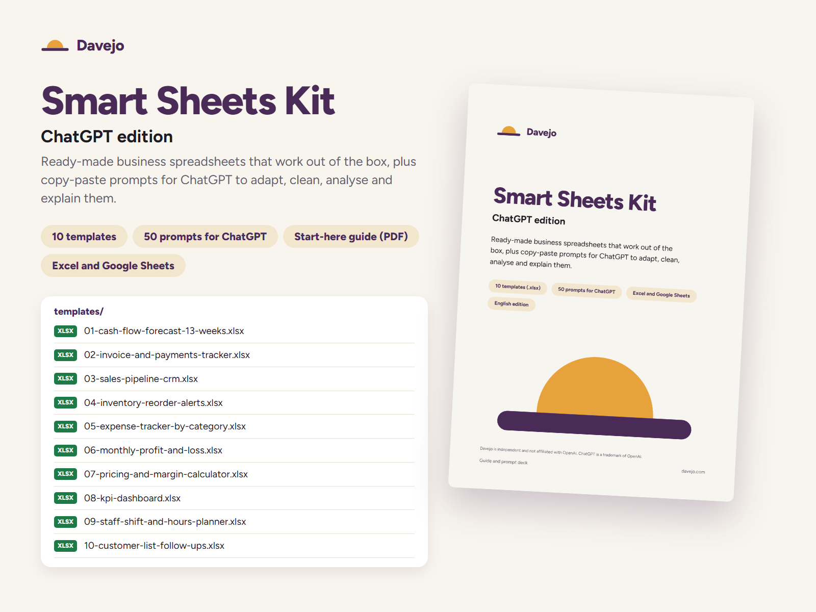 The Smart Sheets Kit, ChatGPT edition guide cover next to the templates folder, listing all 10 .xlsx files.