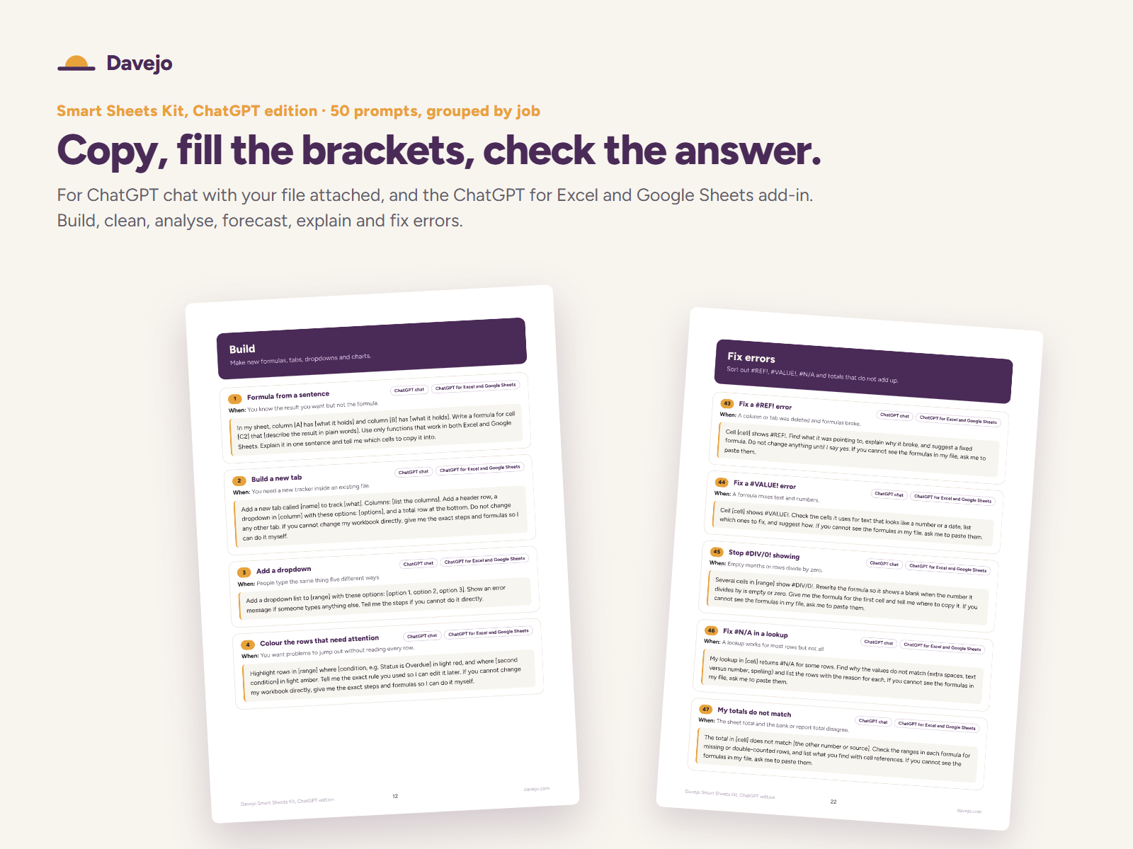 Two pages of the prompt deck: Build prompts and Fix errors prompts, each tagged ChatGPT chat or ChatGPT for Excel and Google Sheets.