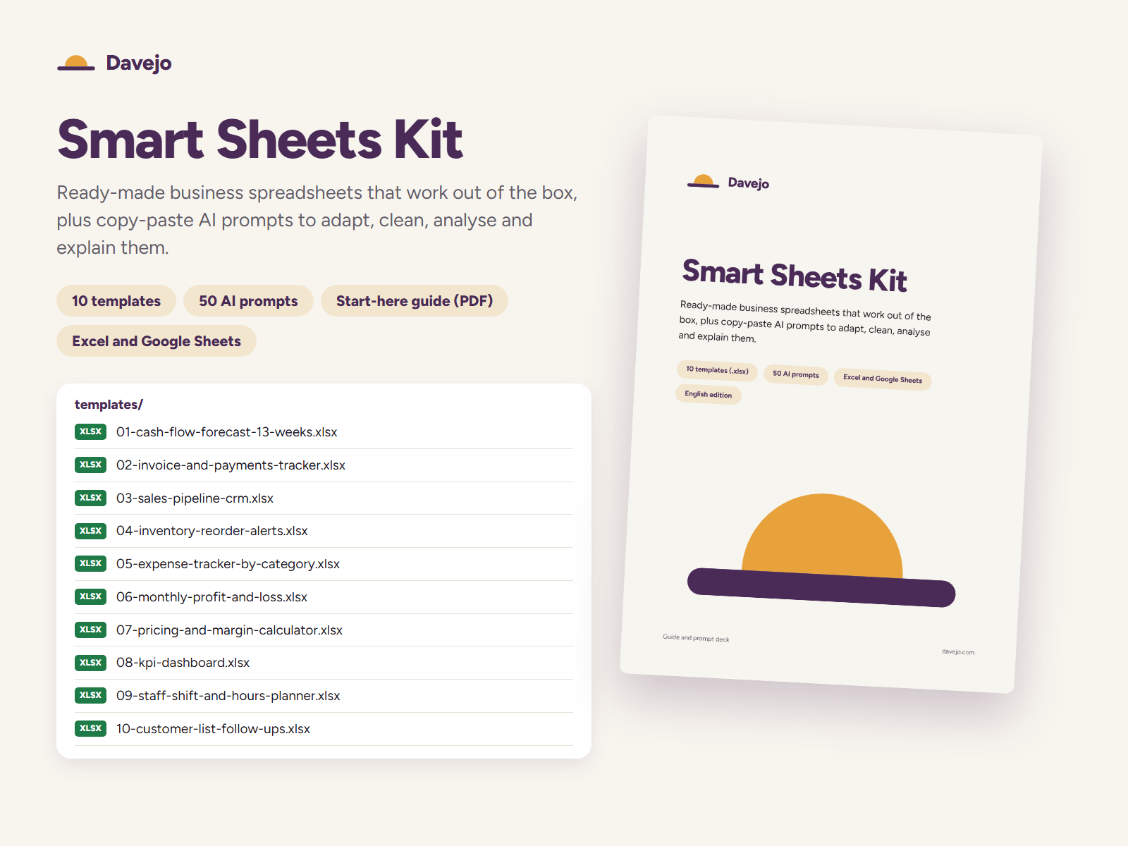 The Smart Sheets Kit guide cover next to the templates folder, listing all 10 .xlsx files.