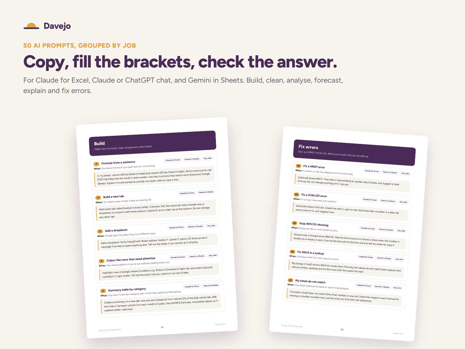 Two pages of the prompt deck: Build prompts and Fix errors prompts, each with when to use it and which tools it suits.